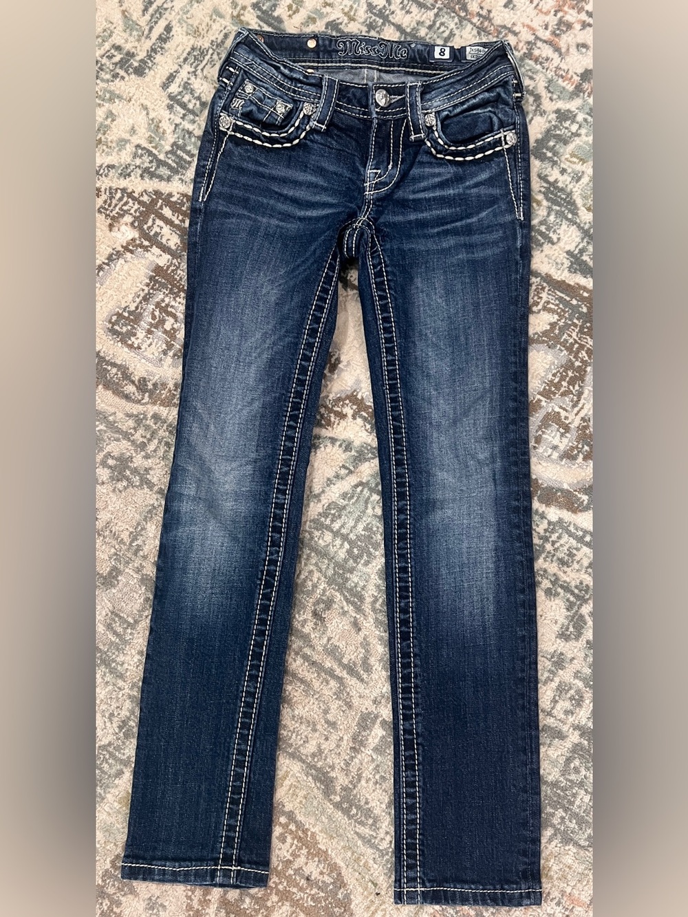 Miss Me Dark Blue Skinny Jeans with White Contrast Stitching